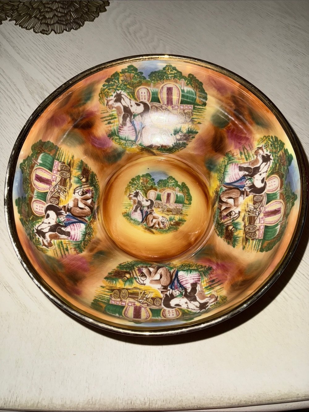 Decorative Caravan & Horses Glass Bowl — Amber with Multicolor Scene
